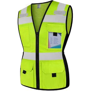 TCCFCCT Safety Vest for Women 11 Pockets Mesh Reflective Vest with Zipper, High Visibility Neon Construction Work Vest for Lady Surveyors/Warehouse, Snug-Fit, Durable, ANSI Compliant, Black XS