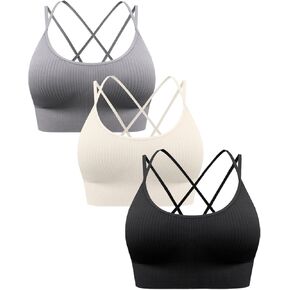 Strappy Sports Bra for Women - Cross Back Padded Sports Bra,Perfect for Yoga,Workout,and Fitness - Ribbed and Seamless Design