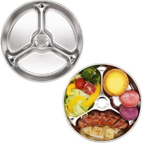 Korean Stainless Steel Divided Plates, Kids Toddlers Babies Tray, BPA Free, Diet Food Control, Camping Dishes, Compact Serving Platter, Dinner Snack, 3 Compartment Plate Silver, Set of 2