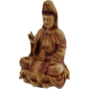 Zeckos Brown Wood Finish Resin Guanyin Goddess of Mercy Sitting On Lotus Statue 9 Inches High