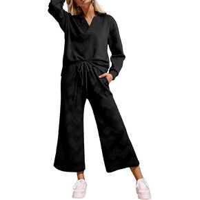 SHEWIN 2 Piece Sets for Women Fall Outfits Collared V Neck Long Sleeve Polo Shirts Tops Lounge Set Tracksuits Sweatsuits