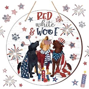 4th of July Labrador Door Sign Patriotic Dog Decoration Red White Woof Hanging Sign Farmhouse Wooden Flag Day Wreath America Independence Day Decor for Front Door Porch Wall Outside Home