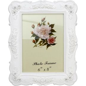 Rose Flower Design Picture Frame Vintage Photo Frame 5 x 7 Inch Antique Picture Frame Glass Front Picture Frame for Tabletop Wall Display, Horizontal and Vertical Use (White)