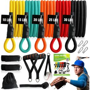 Baseball Arm Bands Training Kit - (5pcs-5 Resistant Level) Baseball Bands, with Baseball Bat, Handles, Door Anchor, Ankle Strap and 4 Hooks, for Improve Arm Strength & Pitching Training