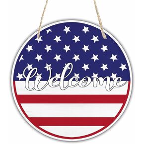 4Th Of July Hanging Wooden Sign With Sisal Rope - 10 Inches Round Door Sign, Patriotic Decor Wooden Plaque, Welcome Sign For Front Door, Home & Office Decoration & Accessories - D09