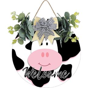 Funny Cute Cow Welcome Sign Farm Decor Cow Round Hanging Sign Decor Farmhouse Farm Wall Decor Door Wreath Sign Front Door Decor Home Porch Sign 12 X 12 Inch