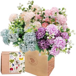 SNAIL GARDEN 40Heads Artificial Hydrangea Flowers, 4Pack Fake Silk Mini Hydrangea with 1 Vase Kraft Paper Bag-Mini Artificial Chrysanthemum Ball Perfect for Home Office Wedding Baby Shower Party Decor