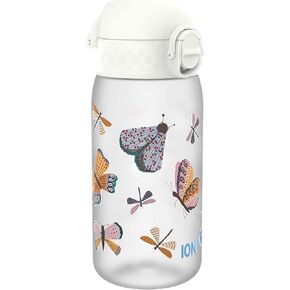 ION8 Small Water Bottle, 350 ml/12 oz, Leak Proof, Easy to Open, Secure Lock, Dishwasher Safe, BPA Free, Carry Handle, Hygienic Flip Cover, Easy Clean, Odor Free, Carbon Neutral, White, Wild Butterfly