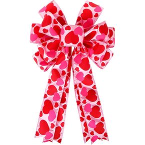 Valentine's Day Wreath Bow Large Red Heart Printed Wreath Bow Valentine's Day Gift Bow Christmas Tree Topper Bow for Wreath Window Holiday Indoor Outdoor Decorations