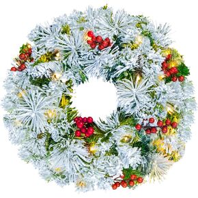 إكليل عيد الميلاد الاصطناعي من Joiedomi مقاس 20 بوصة مزود بمصابيح LED، مزين بتوت أحمر مقاس 15 بوصة ومخاريط الصنوبر وإبر الصنوبر لديكورات عيد الميلاد للباب الأمامي (تعمل بالبطارية) in Kuwait