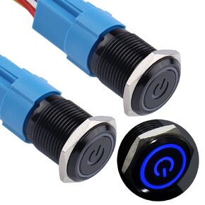 2PCS 19MM Momentary Push Button Switch 12V-24V 1NO 1NC Waterproof (ON)-Off Black Metal Shell Self-Reset with Pre-Wired Socket for 3/4" Mounting Hole (Power Symbol Blue LED)