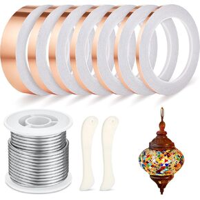 10 Pcs Stained Glass Supplies Set Include 1 lb Spool 60/40 Solder for Stained Glass 7 Sizes x 22 Yards Copper Foil Tape 1/8" Dia Stained Glass Solder Copper Foil Tape for Stained Glass Craft