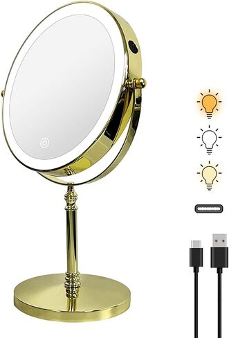 Lighted Makeup Mirror with Magnification, 8" Round 1X/10X Magnifying Mirror Swivel Touch Screen 3 Colors Dimmable, Type-C Rechargeable Vanity Mirror with Lights for Makeup Desk, Black in Saudi Arabia