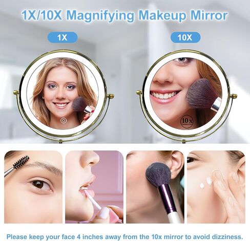 Lighted Makeup Mirror with Magnification, 8" Round 1X/10X Magnifying Mirror Swivel Touch Screen 3 Colors Dimmable, Type-C Rechargeable Vanity Mirror with Lights for Makeup Desk, Black in Saudi Arabia