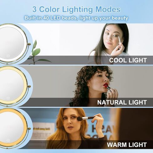 Lighted Makeup Mirror with Magnification, 8" Round 1X/10X Magnifying Mirror Swivel Touch Screen 3 Colors Dimmable, Type-C Rechargeable Vanity Mirror with Lights for Makeup Desk, Black in Saudi Arabia