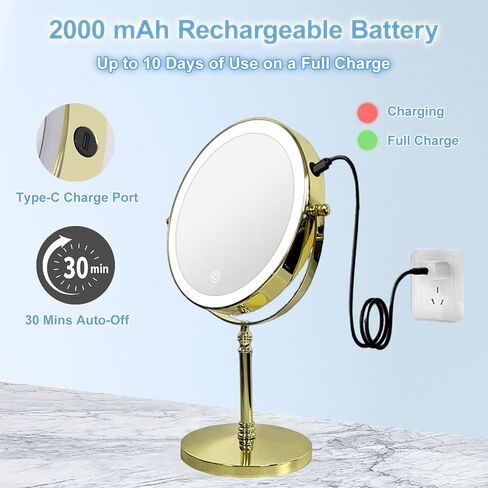 Lighted Makeup Mirror with Magnification, 8" Round 1X/10X Magnifying Mirror Swivel Touch Screen 3 Colors Dimmable, Type-C Rechargeable Vanity Mirror with Lights for Makeup Desk, Black in Saudi Arabia