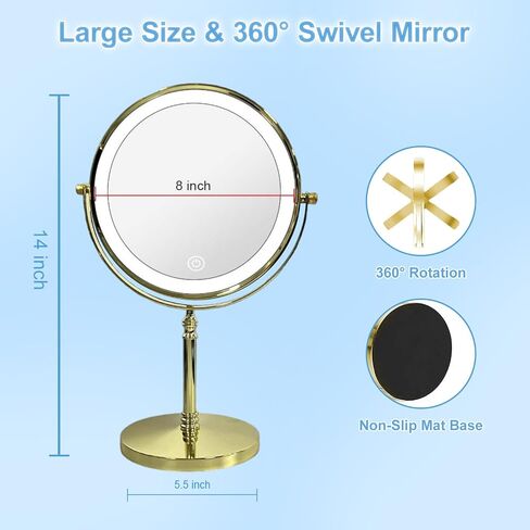 Lighted Makeup Mirror with Magnification, 8" Round 1X/10X Magnifying Mirror Swivel Touch Screen 3 Colors Dimmable, Type-C Rechargeable Vanity Mirror with Lights for Makeup Desk, Black in Saudi Arabia