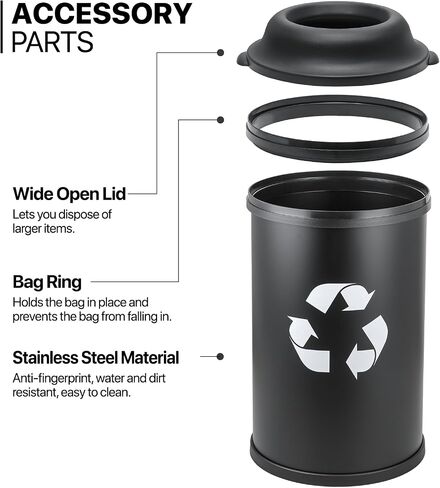 MoNiBloom 13-Gallon Trash Can for Kitchen Bathroom Bedroom Living Room Home Office Dorm Round Fingerprint-Proof Garbage Container Bin with Open-Top for Recycling Black 50-Liter in Saudi Arabia