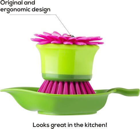 Vigar Flower Power Orange Palm Dish Brush With Holder, 5-3/4-Inches by 3-3/4-Inches, Yellow, Green, Orange in Saudi Arabia
