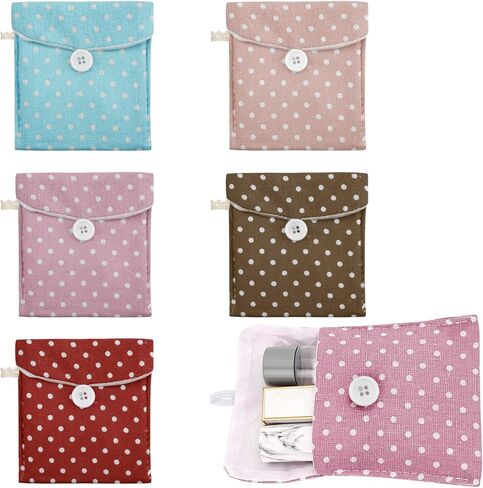 5 عبوات من المناديل الصحية المنقطة، حقيبة محمولة للسفر، وسادة صحية لطيفة، نمط منقط صغير، حقيبة تخزين قطنية صغيرة، منظم مستحضرات التجميل للنساء والفتيات (5 ألوان) in Kuwait