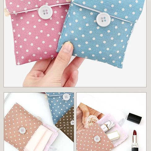 5 عبوات من المناديل الصحية المنقطة، حقيبة محمولة للسفر، وسادة صحية لطيفة، نمط منقط صغير، حقيبة تخزين قطنية صغيرة، منظم مستحضرات التجميل للنساء والفتيات (5 ألوان) in Kuwait