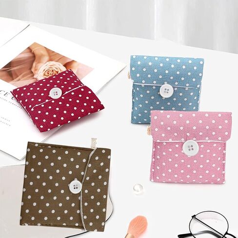 5 عبوات من المناديل الصحية المنقطة، حقيبة محمولة للسفر، وسادة صحية لطيفة، نمط منقط صغير، حقيبة تخزين قطنية صغيرة، منظم مستحضرات التجميل للنساء والفتيات (5 ألوان) in Kuwait