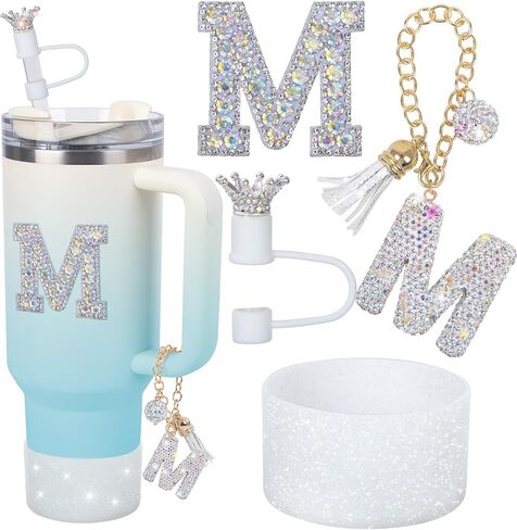 Letter Charms for Stanley Cup Handle,Silicone Boot Accessories Charms for Stanley Cup 40oz 30oz,Crown Straw Cover Topper & Diamond Sticker(M) in Saudi Arabia