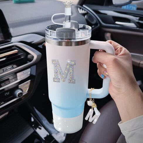 Letter Charms for Stanley Cup Handle,Silicone Boot Accessories Charms for Stanley Cup 40oz 30oz,Crown Straw Cover Topper & Diamond Sticker(M) in Saudi Arabia