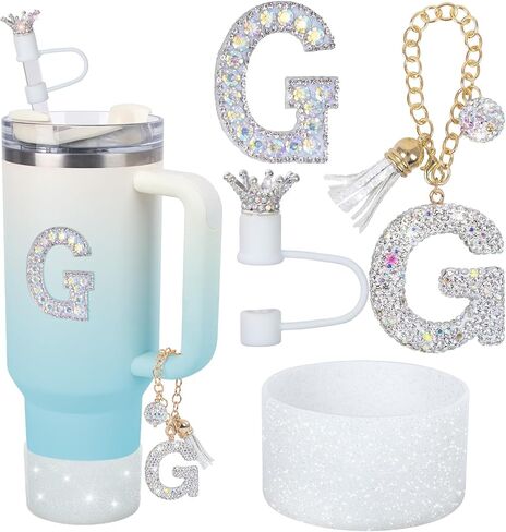 Letter Charms for Stanley Cup Handle,Silicone Boot Accessories Charms for Stanley Cup 40oz 30oz,Crown Straw Cover Topper & Diamond Sticker(M) in Saudi Arabia