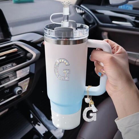 Letter Charms for Stanley Cup Handle,Silicone Boot Accessories Charms for Stanley Cup 40oz 30oz,Crown Straw Cover Topper & Diamond Sticker(M) in Saudi Arabia