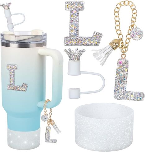 Letter Charms for Stanley Cup Handle,Silicone Boot Accessories Charms for Stanley Cup 40oz 30oz,Crown Straw Cover Topper & Diamond Sticker(M) in Saudi Arabia