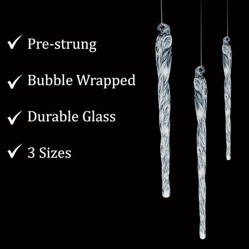 Large Glass Icicle Ornaments for Christmas Tree 7", 5.5", 3.5" (Set of 24) Bulk Christmas Icicle Ornaments Elegant Crystal Look Hanging Decorations by 4E's Novelty in Saudi Arabia