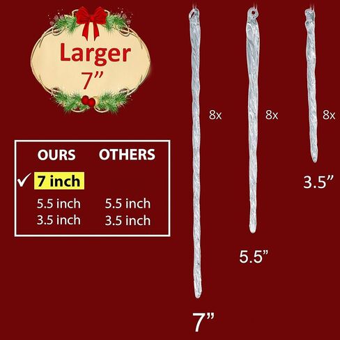 Large Glass Icicle Ornaments for Christmas Tree 7", 5.5", 3.5" (Set of 24) Bulk Christmas Icicle Ornaments Elegant Crystal Look Hanging Decorations by 4E's Novelty in Saudi Arabia