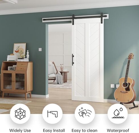 باب الحظيرة المنزلق مقاس 32 بوصة × 84 بوصة من EaseLife مع مجموعة مسار أجهزة باب الحظيرة بطول 5.5 قدم متضمنة، لوح MDF صلب مغطى بسطح PVC مقاوم للماء والخدش، تجميع DIY، سهل التركيب، أبيض، إطار على شكل حرف V in Kuwait