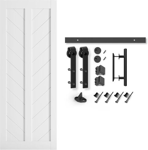 باب الحظيرة المنزلق مقاس 32 بوصة × 84 بوصة من EaseLife مع مجموعة مسار أجهزة باب الحظيرة بطول 5.5 قدم متضمنة، لوح MDF صلب مغطى بسطح PVC مقاوم للماء والخدش، تجميع DIY، سهل التركيب، أبيض، إطار على شكل حرف V in Kuwait