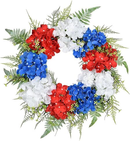 H&W أكاليل الزهور الوطنية الأمريكية، 40.64 سم أحمر وأبيض وأزرق، ديكور الباب الأمامي من الزهور، ديكور حفلات عيد الاستقلال الرابع من يوليو، عطلة الزفاف in Kuwait