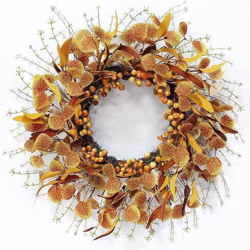 TURNMEON 20 Inch Fall Wreaths for Front Door, Fall Door Wreath with Eucalyptus Willow Leafed Berries Twigs for Fall Decorations Outdoor Indoor Wall Thanksgiving Home Decor in Saudi Arabia