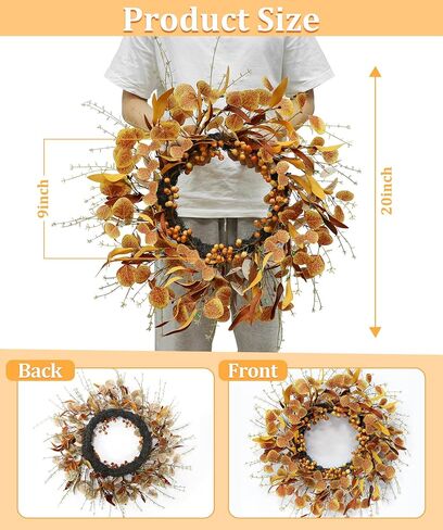 TURNMEON 20 Inch Fall Wreaths for Front Door, Fall Door Wreath with Eucalyptus Willow Leafed Berries Twigs for Fall Decorations Outdoor Indoor Wall Thanksgiving Home Decor in Saudi Arabia