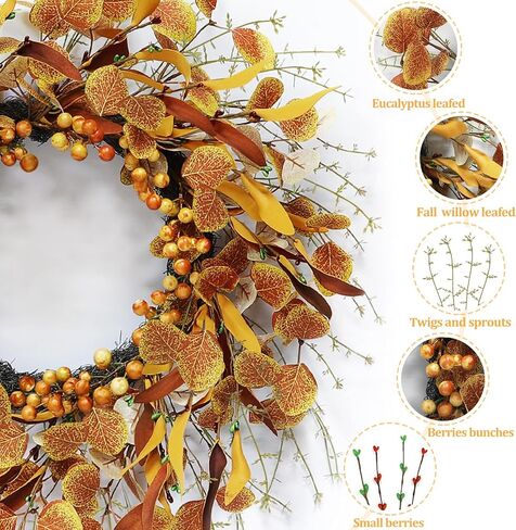 TURNMEON 20 Inch Fall Wreaths for Front Door, Fall Door Wreath with Eucalyptus Willow Leafed Berries Twigs for Fall Decorations Outdoor Indoor Wall Thanksgiving Home Decor in Saudi Arabia