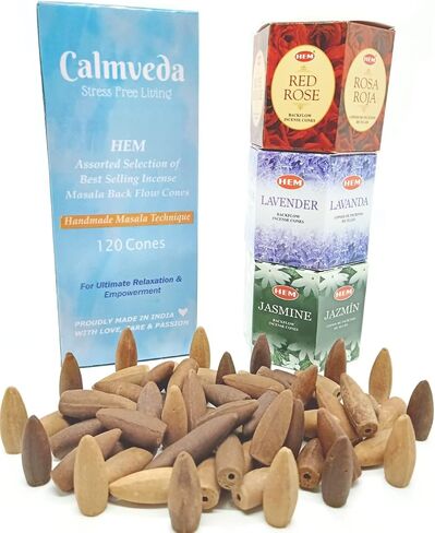 Hem Backflow Incense Cones for Waterfall (3 Types, 120 Cone Incense) - Rose Cones, Jasmine Incense Cones & Lavender Incense Cones | Strong Heavenly Scent with Thick White Incense Fountain in Saudi Arabia