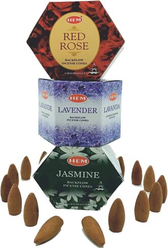 Hem Backflow Incense Cones for Waterfall (3 Types, 120 Cone Incense) - Rose Cones, Jasmine Incense Cones & Lavender Incense Cones | Strong Heavenly Scent with Thick White Incense Fountain in Saudi Arabia