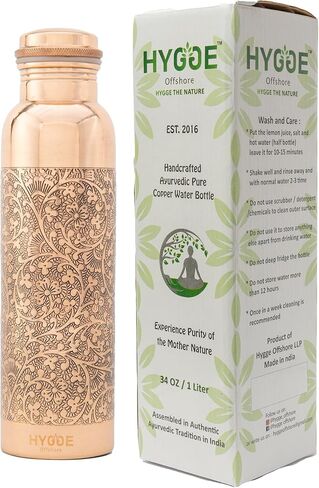 HYGGE Copper Water Bottle for Drinking – 34oz Engraved Pure Copper Water Bottle – Travel Water Bottle for Gym, Office, Hiking, Outdoor – Ayurvedic Water Bottle with Lid in Saudi Arabia