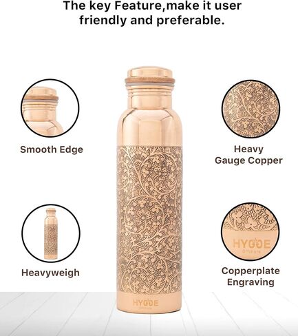 HYGGE Copper Water Bottle for Drinking – 34oz Engraved Pure Copper Water Bottle – Travel Water Bottle for Gym, Office, Hiking, Outdoor – Ayurvedic Water Bottle with Lid in Saudi Arabia