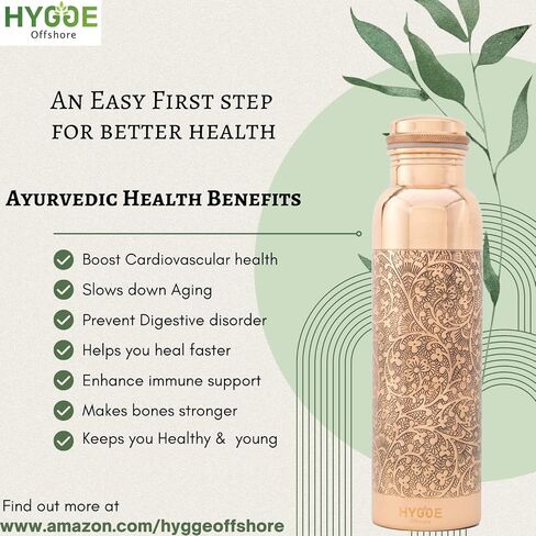 HYGGE Copper Water Bottle for Drinking – 34oz Engraved Pure Copper Water Bottle – Travel Water Bottle for Gym, Office, Hiking, Outdoor – Ayurvedic Water Bottle with Lid in Saudi Arabia