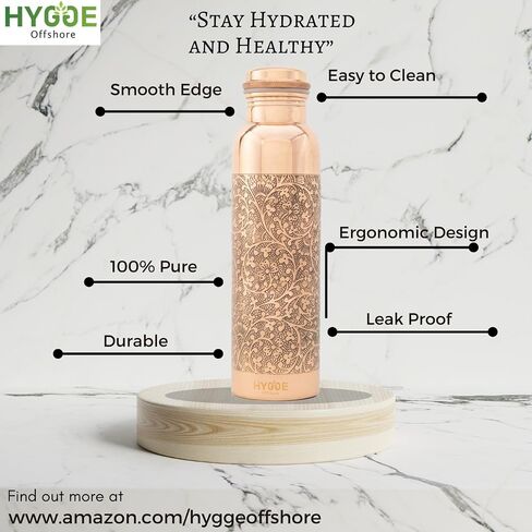 HYGGE Copper Water Bottle for Drinking – 34oz Engraved Pure Copper Water Bottle – Travel Water Bottle for Gym, Office, Hiking, Outdoor – Ayurvedic Water Bottle with Lid in Saudi Arabia