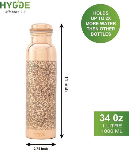 HYGGE Copper Water Bottle for Drinking – 34oz Engraved Pure Copper Water Bottle – Travel Water Bottle for Gym, Office, Hiking, Outdoor – Ayurvedic Water Bottle with Lid in Saudi Arabia