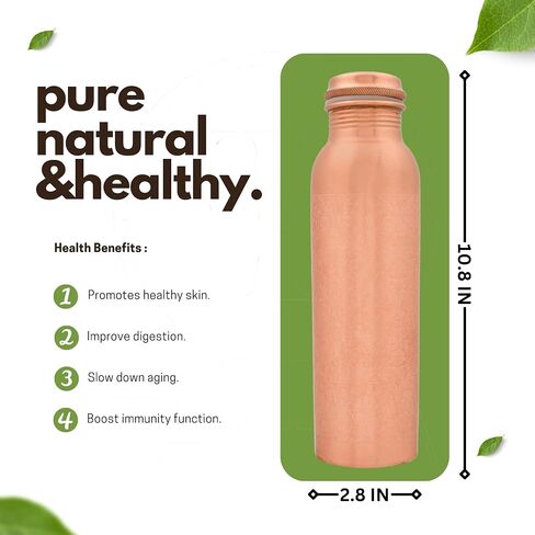 Pure Copper Metal Water Bottle - 32 oz - Traditional Indian Hand-Crafted Ayurveda Healing Drinking Water Bottle for Travel, Hiking, Gym, Office, Outdoor - Antique Finish in Saudi Arabia
