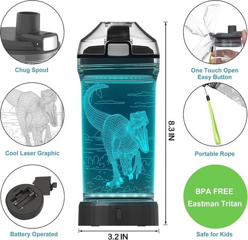 Kids Water Bottle, 3D Dinosaur Illusion LED Light with 7 Color Changing Light - 14 0z - Creative Idea Raptor Gift for Boy Child Holiday Xmas in Saudi Arabia