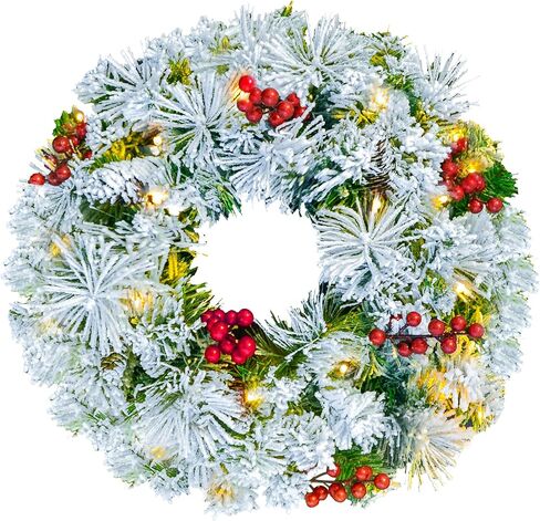 إكليل عيد الميلاد الاصطناعي من Joiedomi مقاس 20 بوصة مزود بمصابيح LED، مزين بتوت أحمر مقاس 15 بوصة ومخاريط الصنوبر وإبر الصنوبر لديكورات عيد الميلاد للباب الأمامي (تعمل بالبطارية) in Kuwait