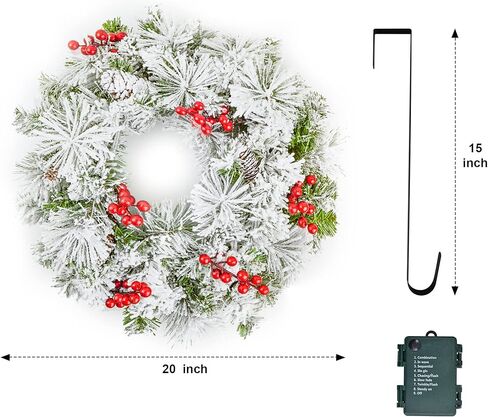 إكليل عيد الميلاد الاصطناعي من Joiedomi مقاس 20 بوصة مزود بمصابيح LED، مزين بتوت أحمر مقاس 15 بوصة ومخاريط الصنوبر وإبر الصنوبر لديكورات عيد الميلاد للباب الأمامي (تعمل بالبطارية) in Kuwait
